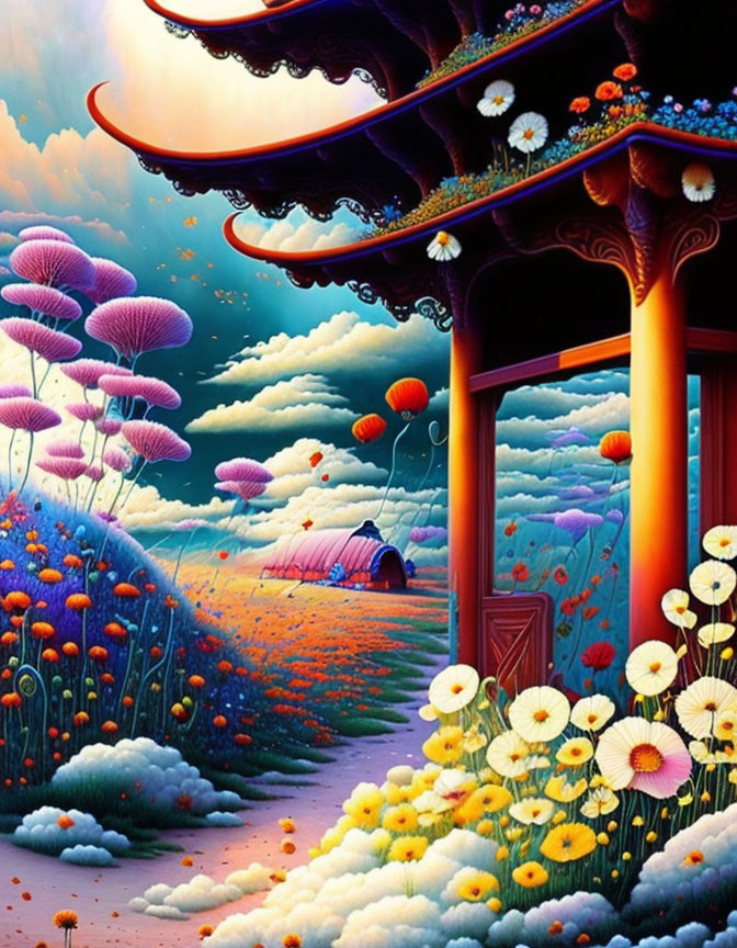 Colorful Fantasy Landscape with Oversized Mushrooms, Pagoda, Flowers, and Floating Balloons