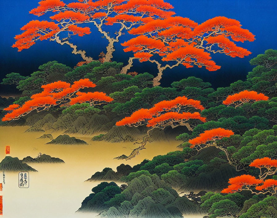 Asian-Inspired Art: Orange Foliage on Trees & Green Hills