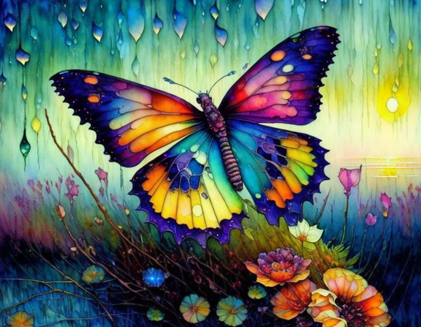 Colorful Butterfly Resting on Flowers with Raindrops and Blue Ambiance