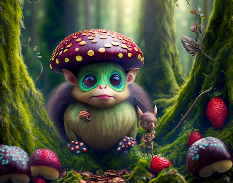 Whimsical digital artwork of fluffy creature with mushroom cap in enchanted forest