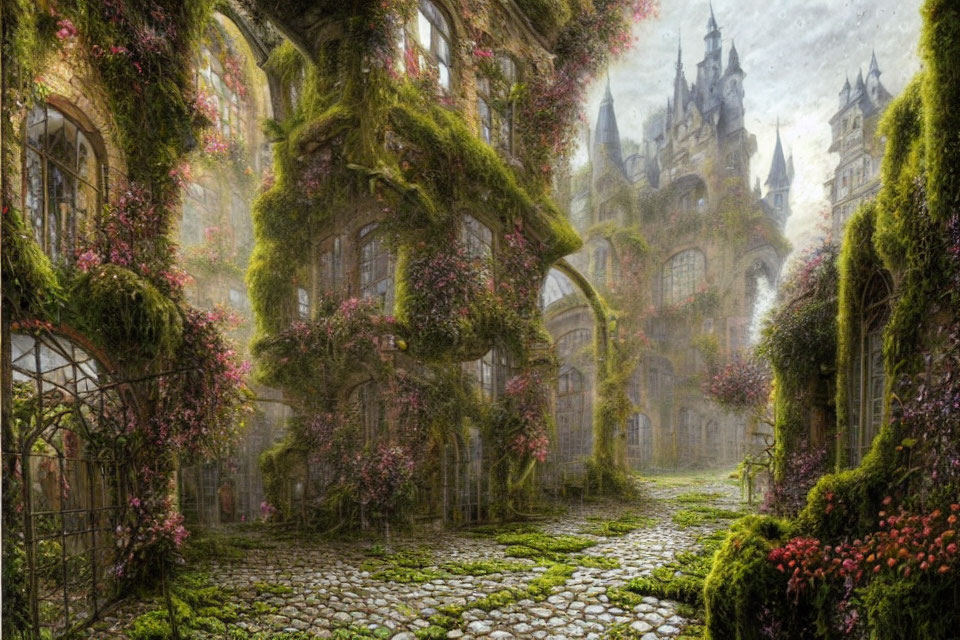 Overgrown castle with ivy, vibrant flowers, and moss-covered stone pathways