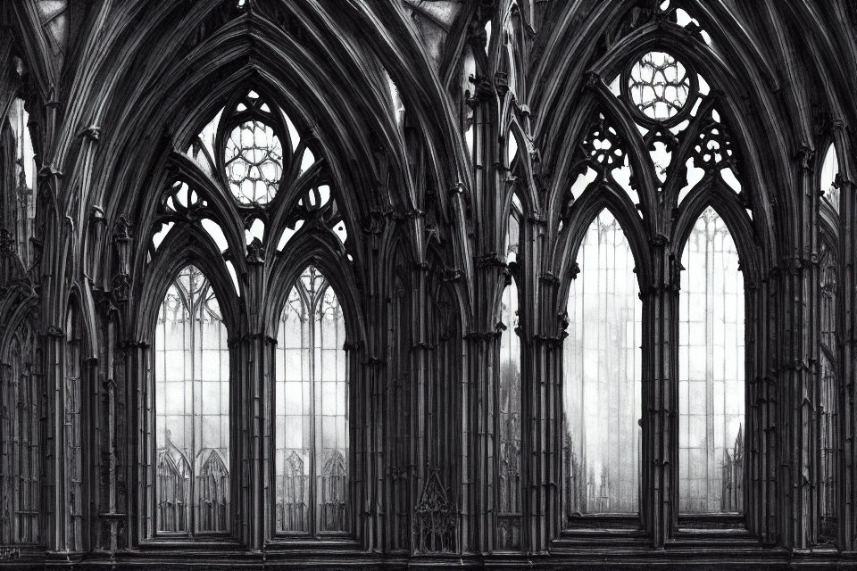 Monochrome sketch of a gothic cathedral interior with intricate arches and stained glass windows