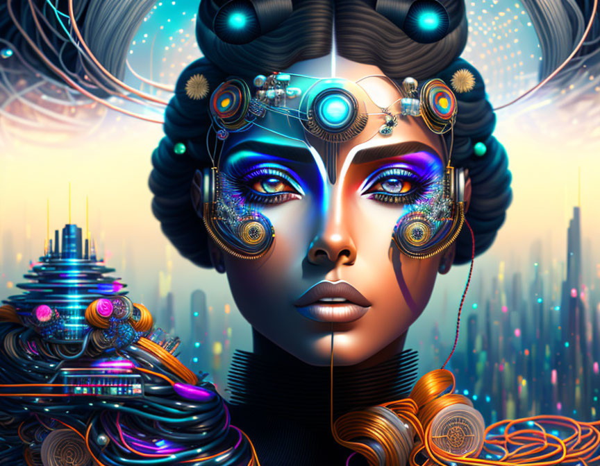 Futuristic digital artwork: Woman with cybernetic enhancements & neon cityscape.