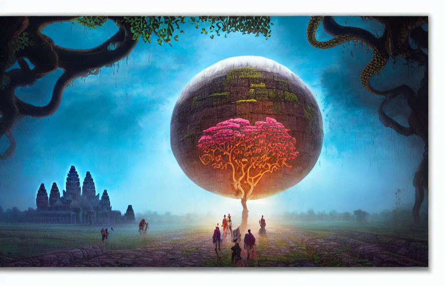 Vibrant pink tree on large floating sphere near Angkor-Wat-like temple