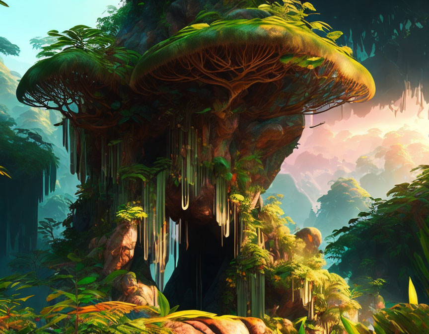 Gigantic mushrooms in lush, fantastical forest landscape