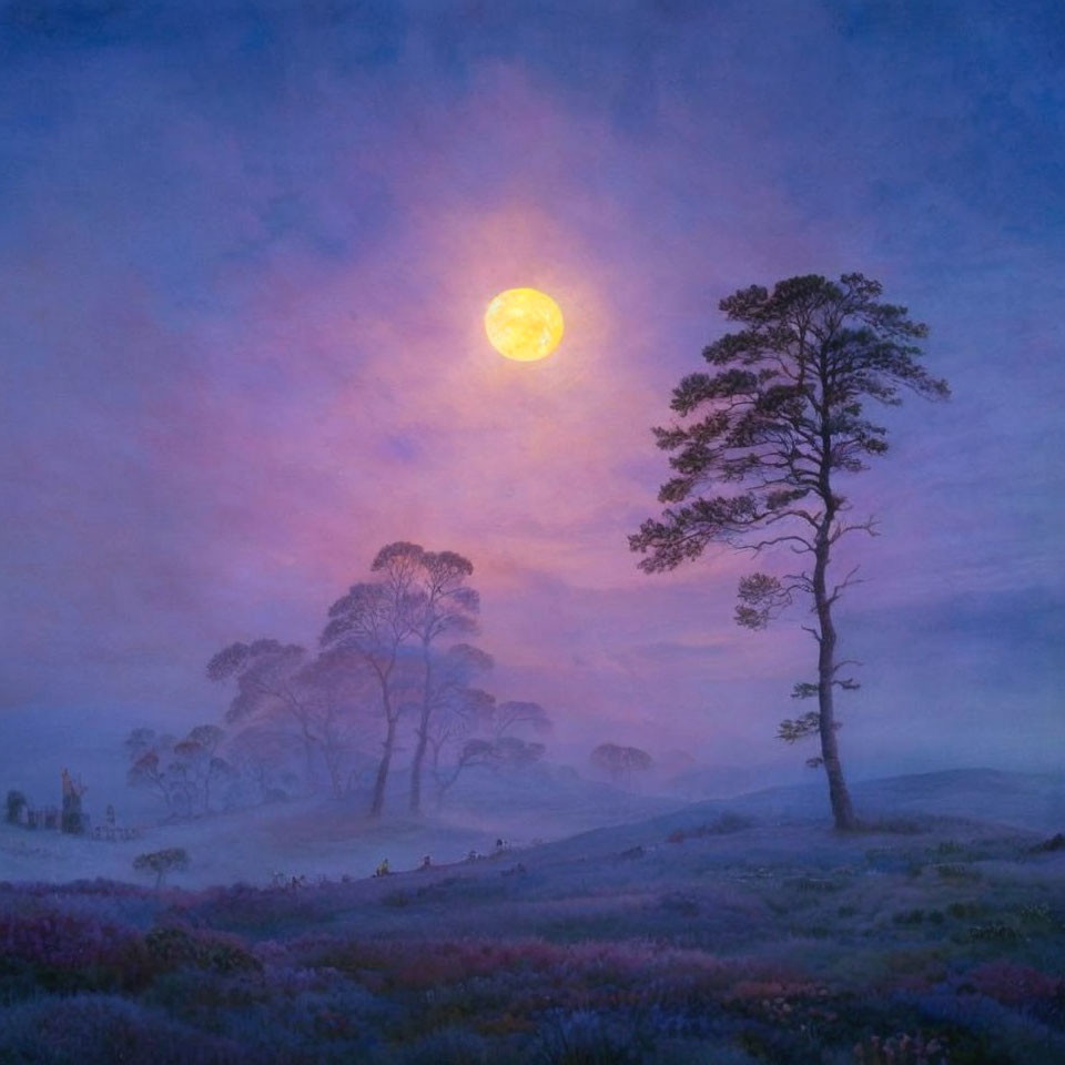 Tranquil twilight landscape with full moon, silhouetted trees, misty purple atmosphere.