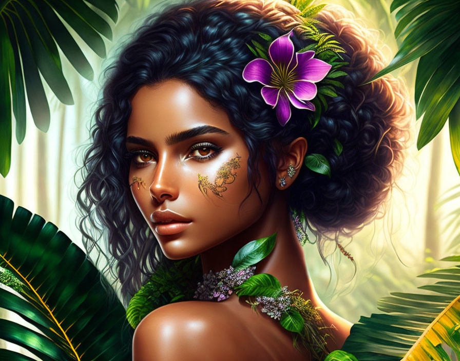 Digital illustration: Woman with curly hair, exotic flower adornments, freckles, nature-inspired makeup