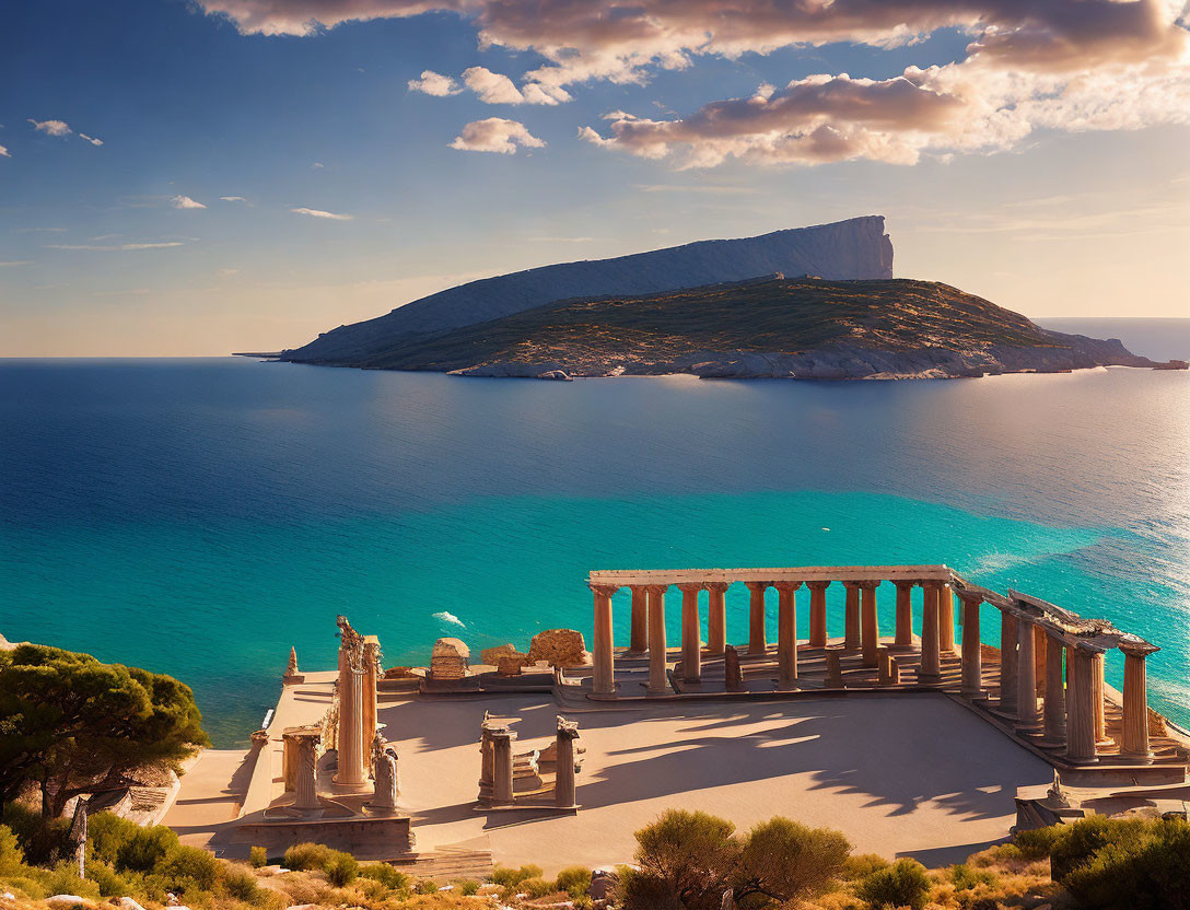 Ancient temple ruins by serene blue sea and mountainous island view