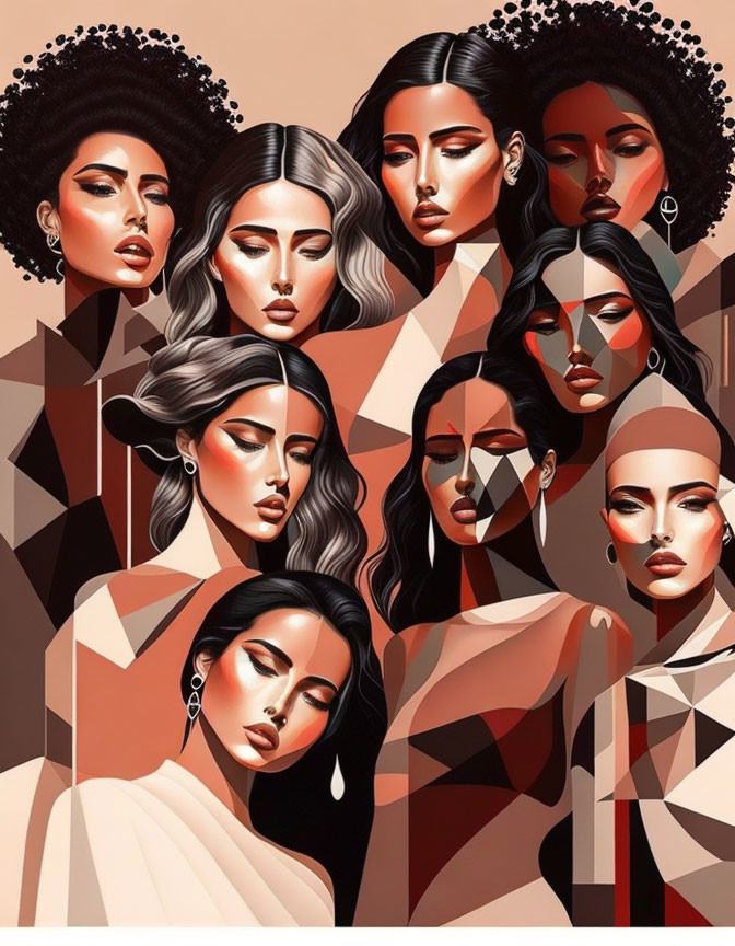 Multiple stylized female figures with various hairstyles and dramatic makeup in warm, earthy tones