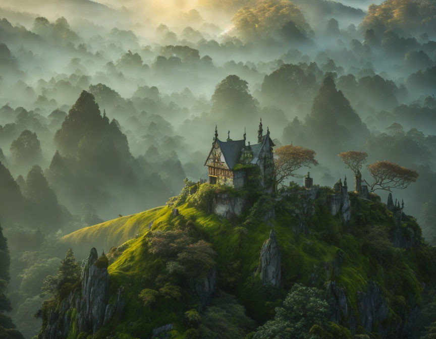 Mystical landscape: castle on hill, misty mountains, golden sunlight