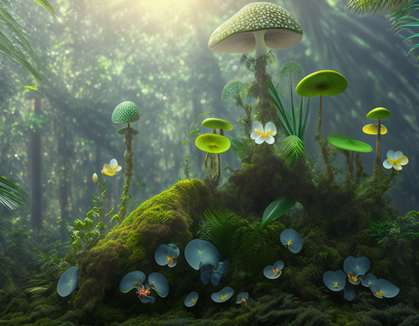 Enchanting forest scene with mushrooms and white flowers in soft sunlight