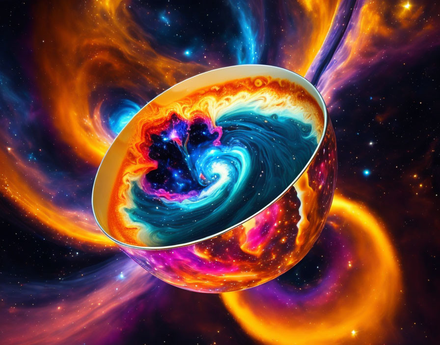 Colorful 3D coffee cup in cosmic nebula against starry space