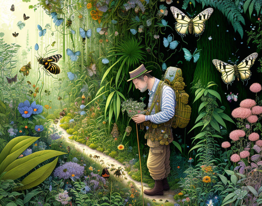 Vintage explorer admiring flowers in lush forest with butterflies