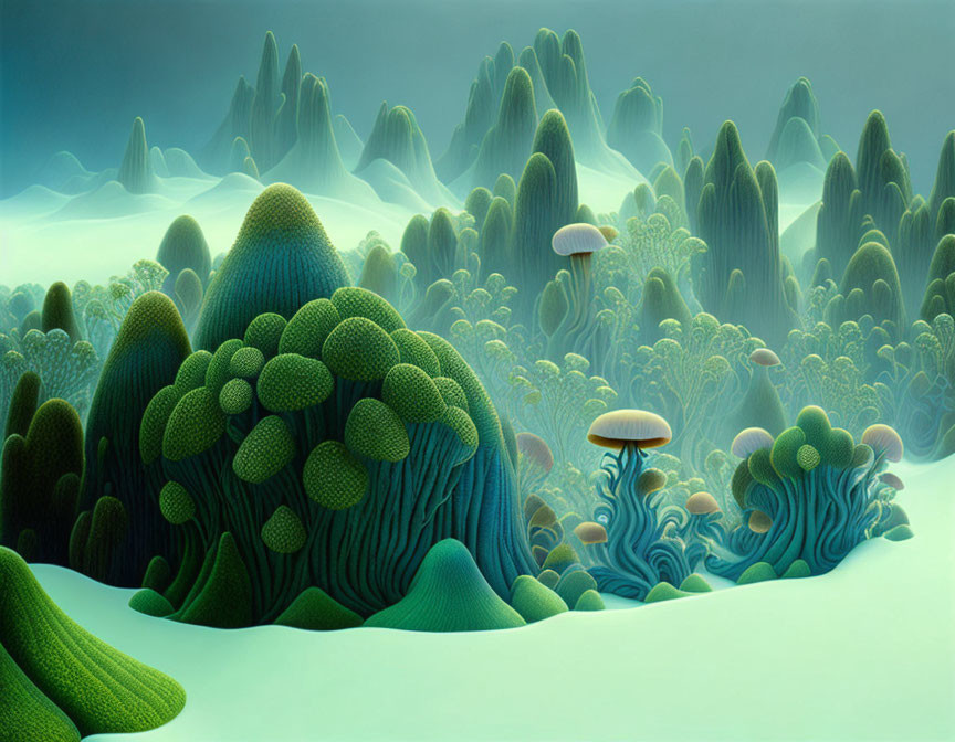 Surreal landscape: green hills, mossy formations, mushroom-like structures