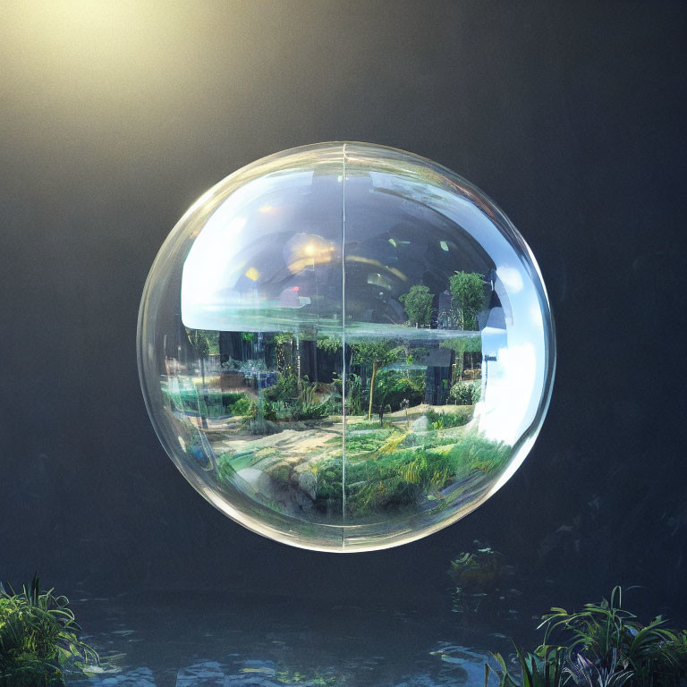 Glass terrarium with lush miniature ecosystem and soft overhead light