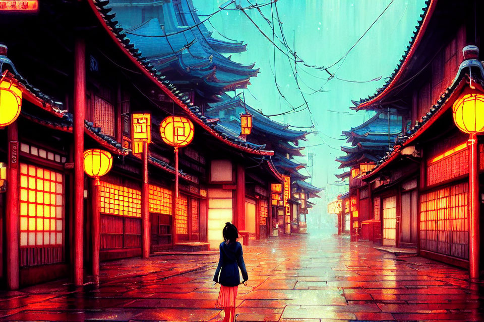 Serene girl in neon-lit alley with Japanese buildings