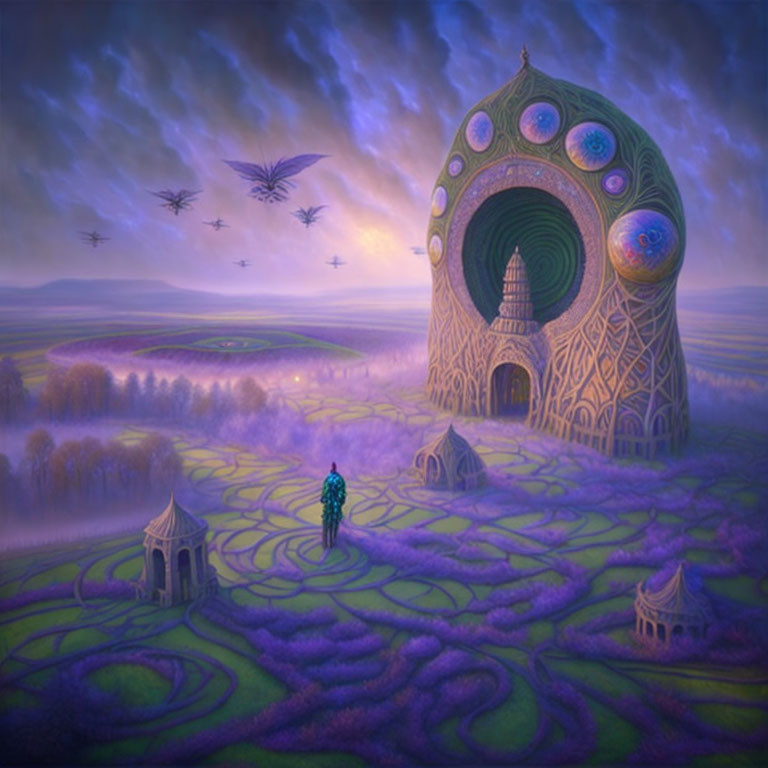 Fantastical peacock-inspired building with spiral tower in purple landscape.