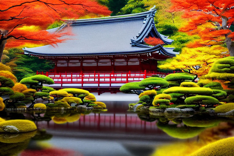 Tranquil Japanese garden with autumn foliage, red bridge, and temple by pond