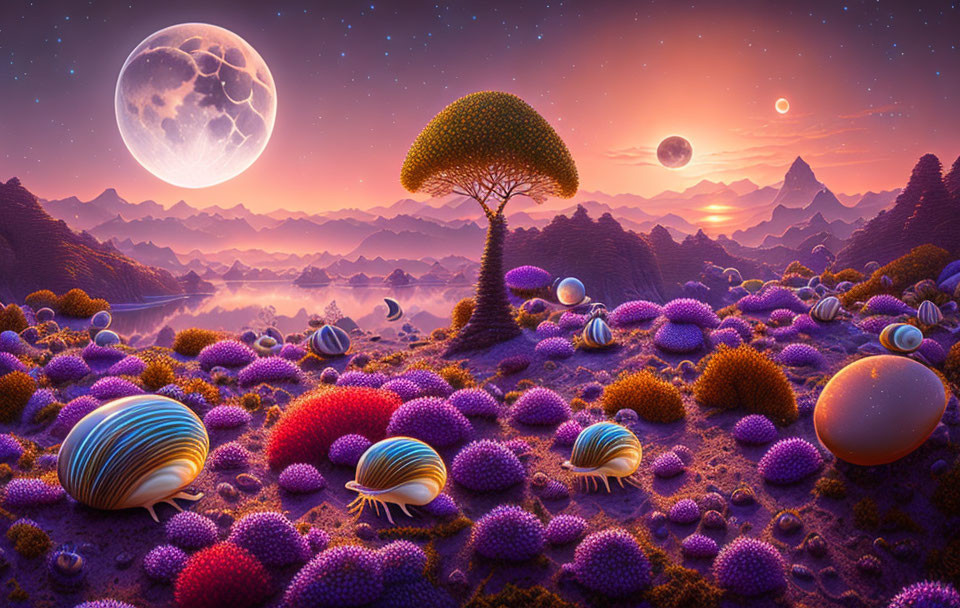 Fantastical landscape with moon, purple flora, striped spheres, lone tree, mountains, river at