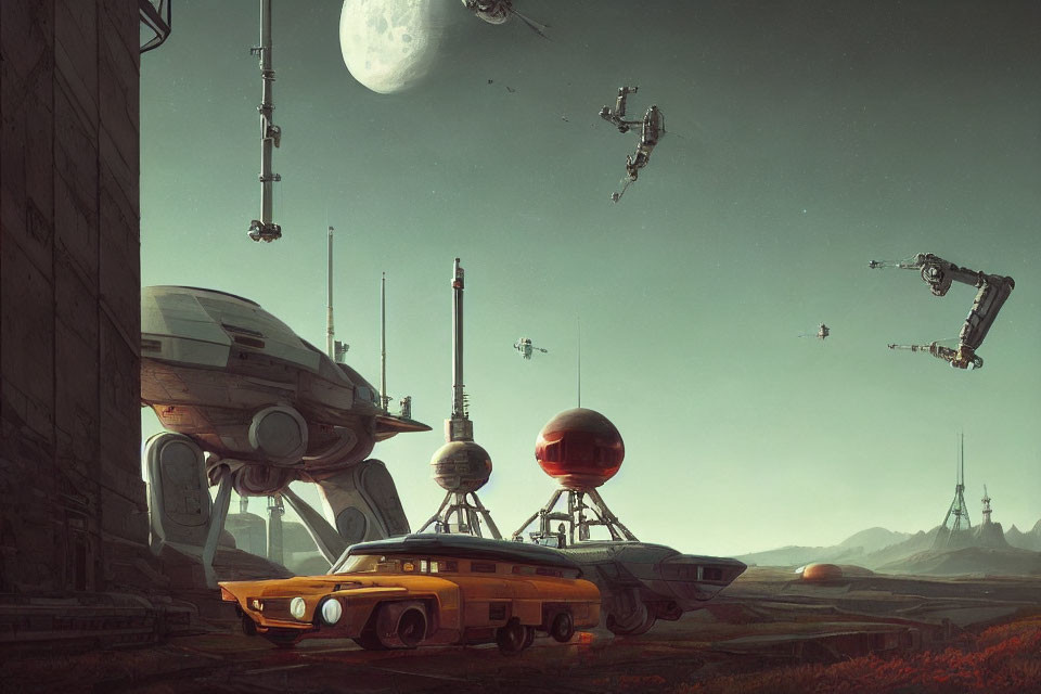 Futuristic sci-fi artwork with hovering car, robots, spacecraft, moon, and towers