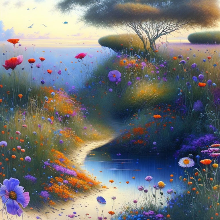 Colorful painting of meandering path through wildflowers at sunset