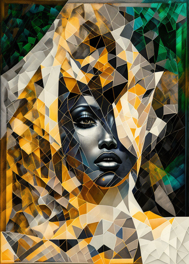 Abstract digital artwork: Woman's face with geometric, mosaic pattern in green, yellow, and black tones