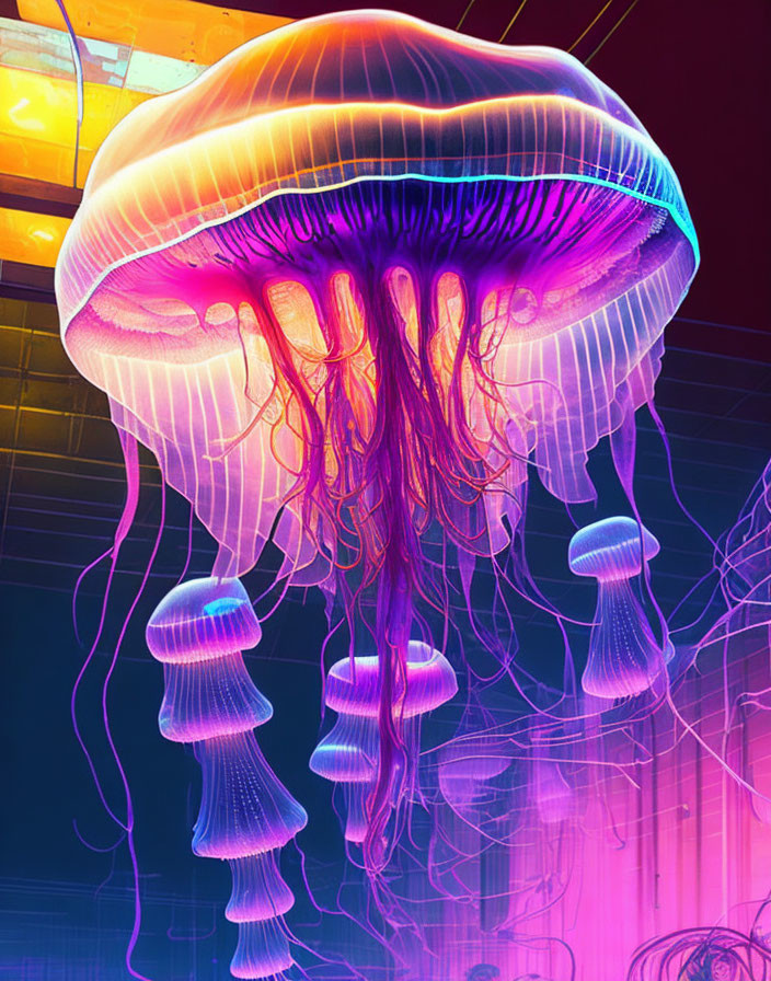 Colorful digital art: Jellyfish in neon pink and purple hues on warm background