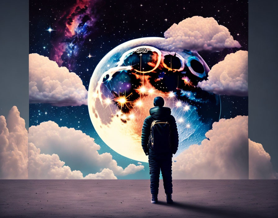 Person standing before surreal cosmic scene with large moon, stars, and clouds.