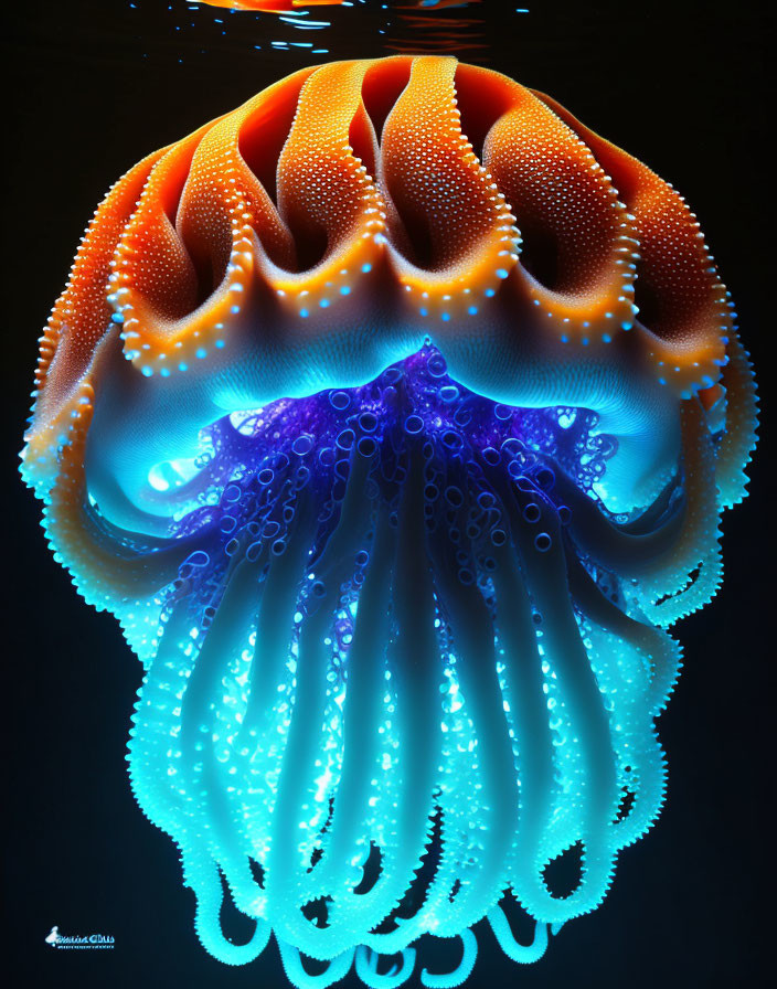 Glowing orange and blue jellyfish on dark background