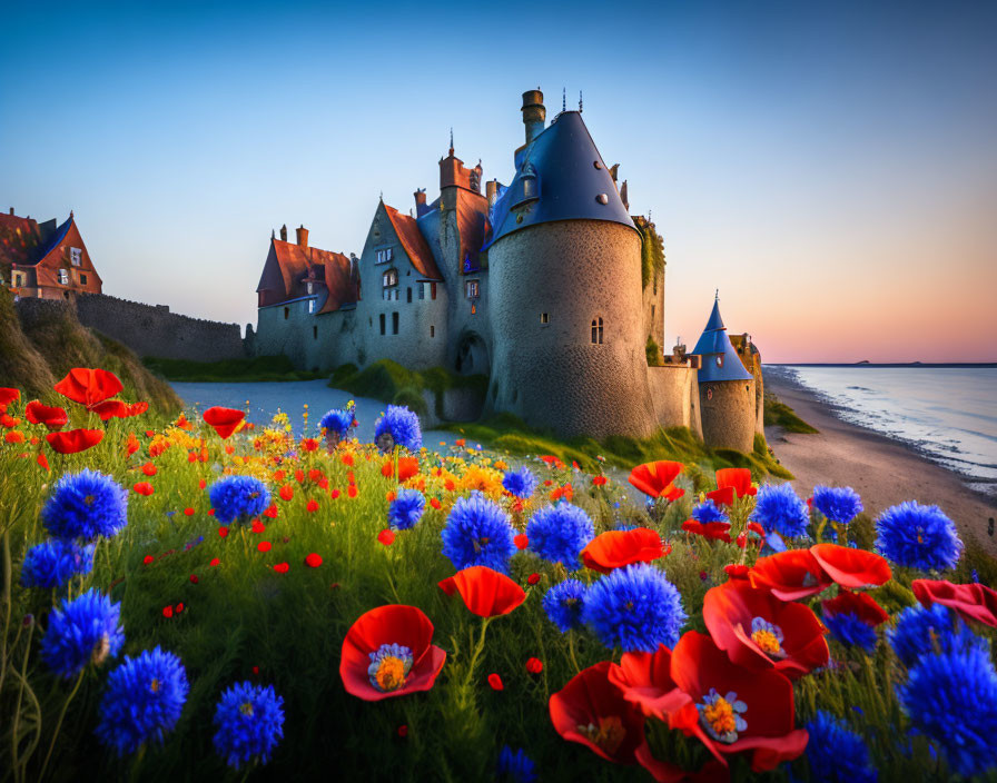 Castle by the Sea at Dusk with Wildflowers and Clear Sky