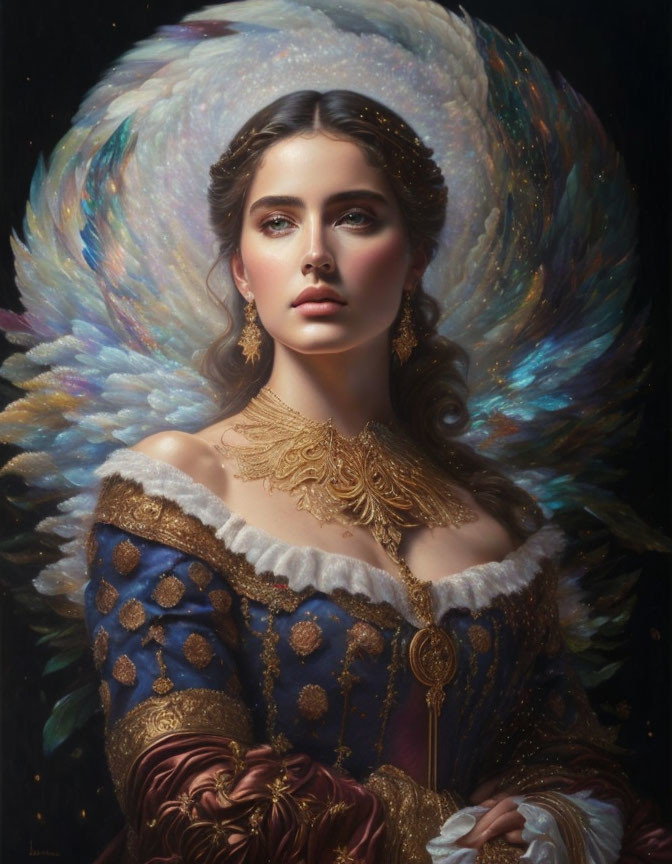 Woman portrait with cosmic halo, golden jewelry, blue & gold regal dress