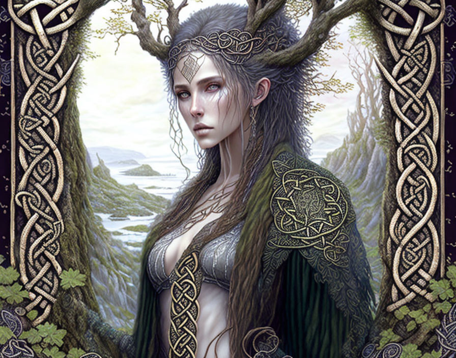 Ethereal elf woman in elegant attire with Celtic knotwork in enchanting forest.