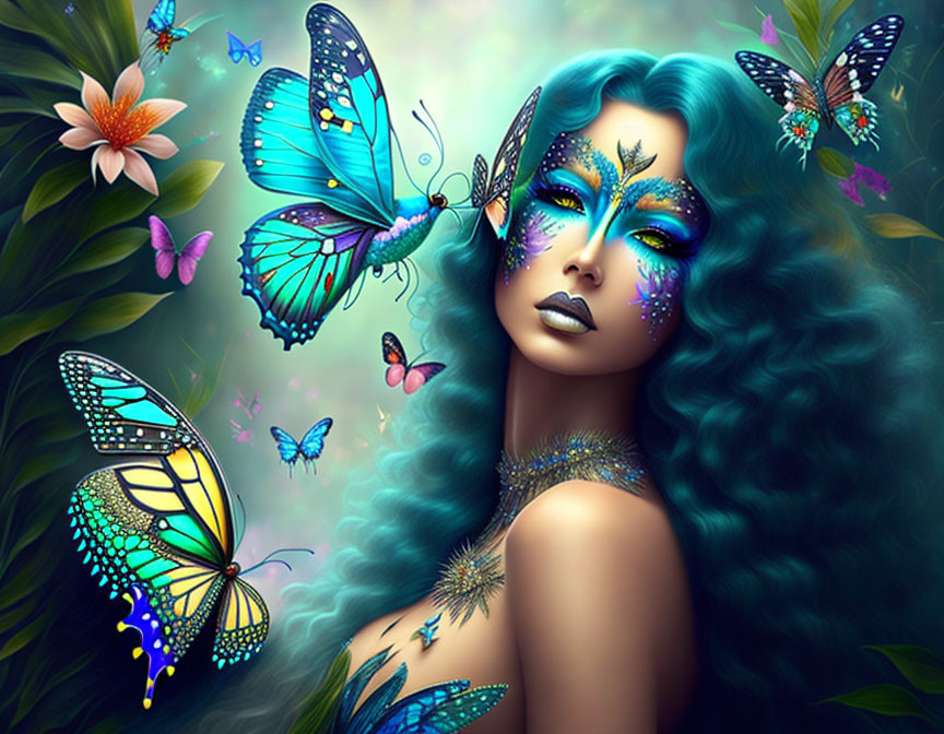 Vibrant Blue Hair Woman with Butterfly Motifs in Digital Art