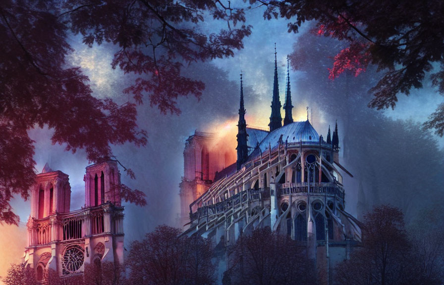 Twilight view of Notre-Dame Cathedral with vivid colors and mystical ambiance