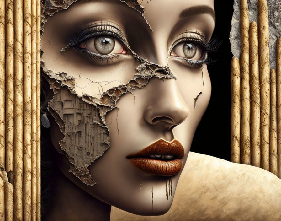 Surreal portrait of cracked woman's face with vertical pencil-like objects