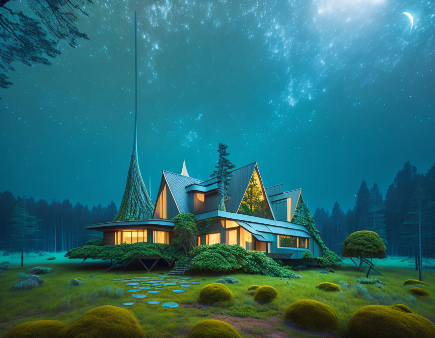 Contemporary House in Enchanted Forest at Night