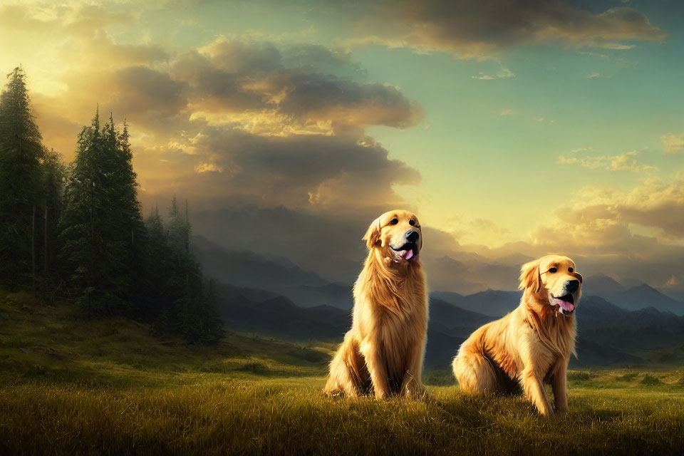 Golden Retrievers in Sunlit Meadow with Forests and Mountains