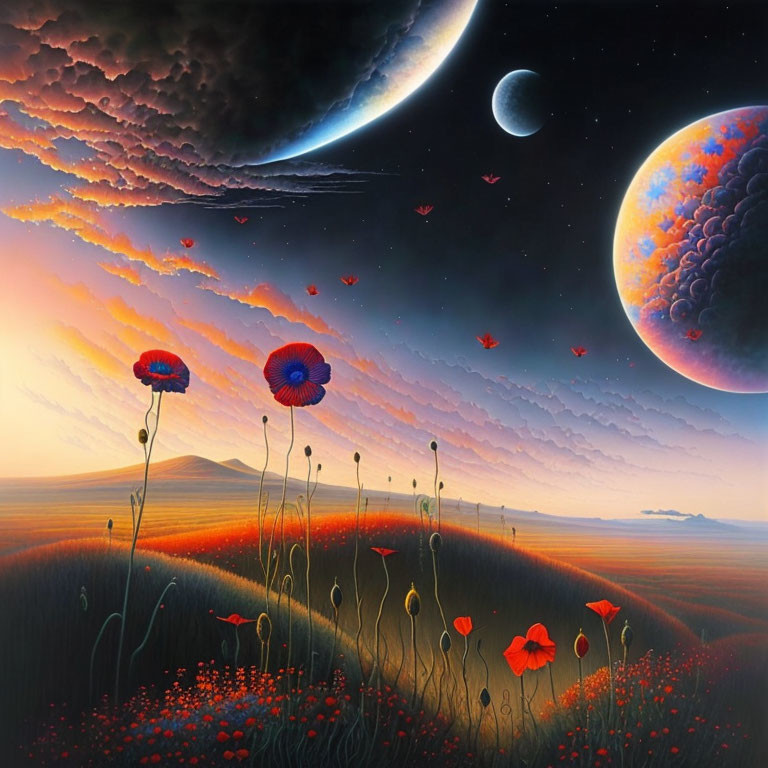 Surreal landscape with poppies, planets, moons, clouds, and butterflies