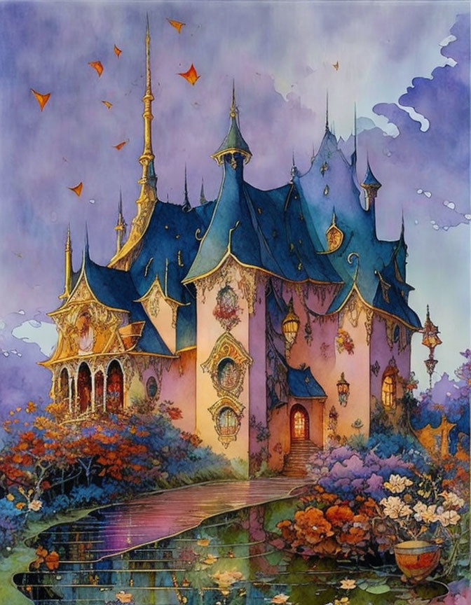 Vibrant fairy-tale castle with turrets, flowers, and bridge