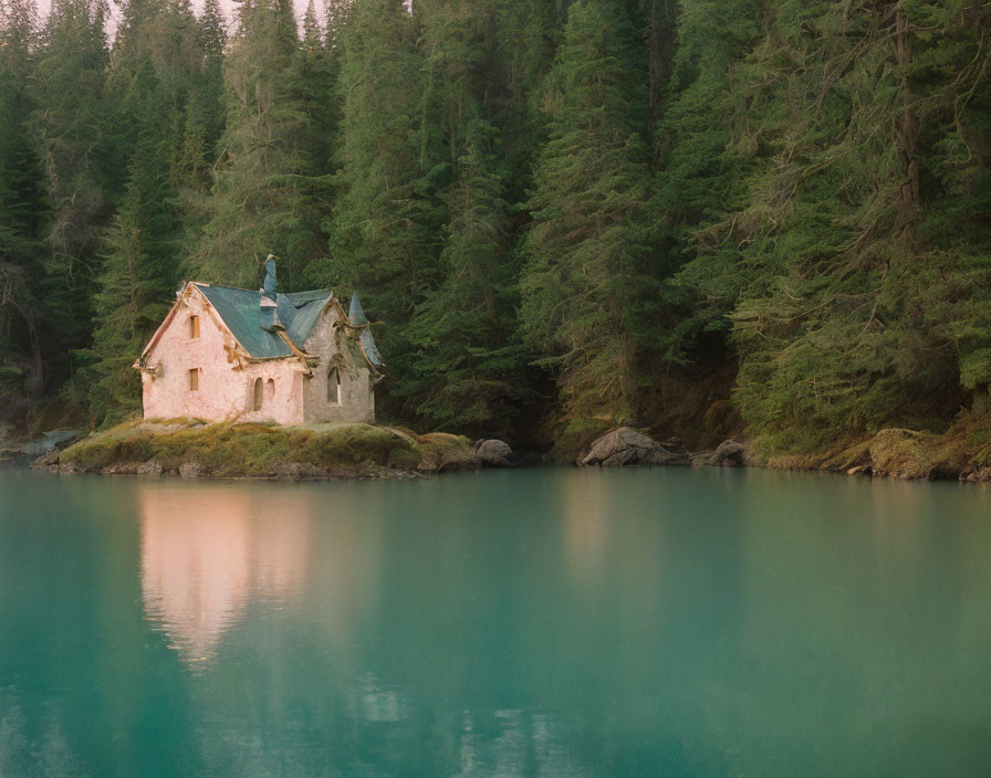 Tranquil lake with small house and pine trees at dusk