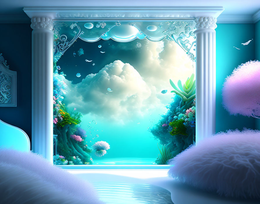 White ornate room transitions to vibrant underwater scene with fish and coral.