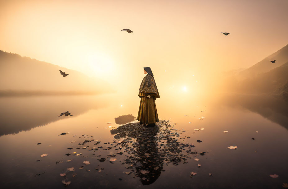 Person standing by calm lake at sunrise with mist, birds flying, and leaves on water.