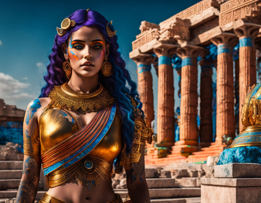 Fantasy character with purple hair and golden jewelry in ancient temple setting