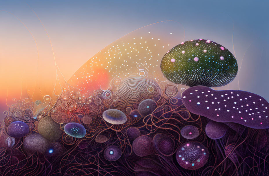 Bioluminescent mushroom digital art with swirling patterns against sunset sky