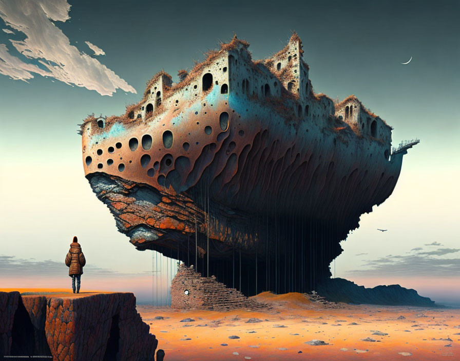 Person gazes at massive floating rock with hollowed-out cityscape above deserted landscape.