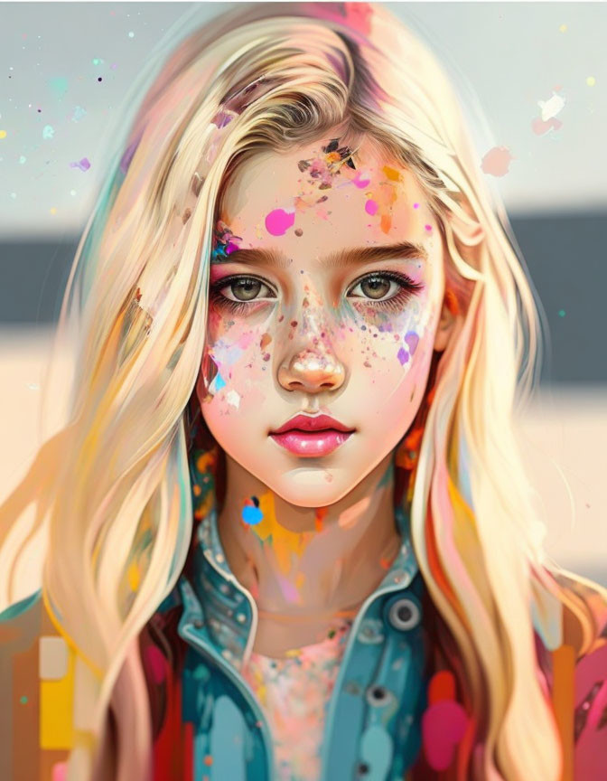 Colorful Paint Splatters Adorn Young Girl's Digital Portrait