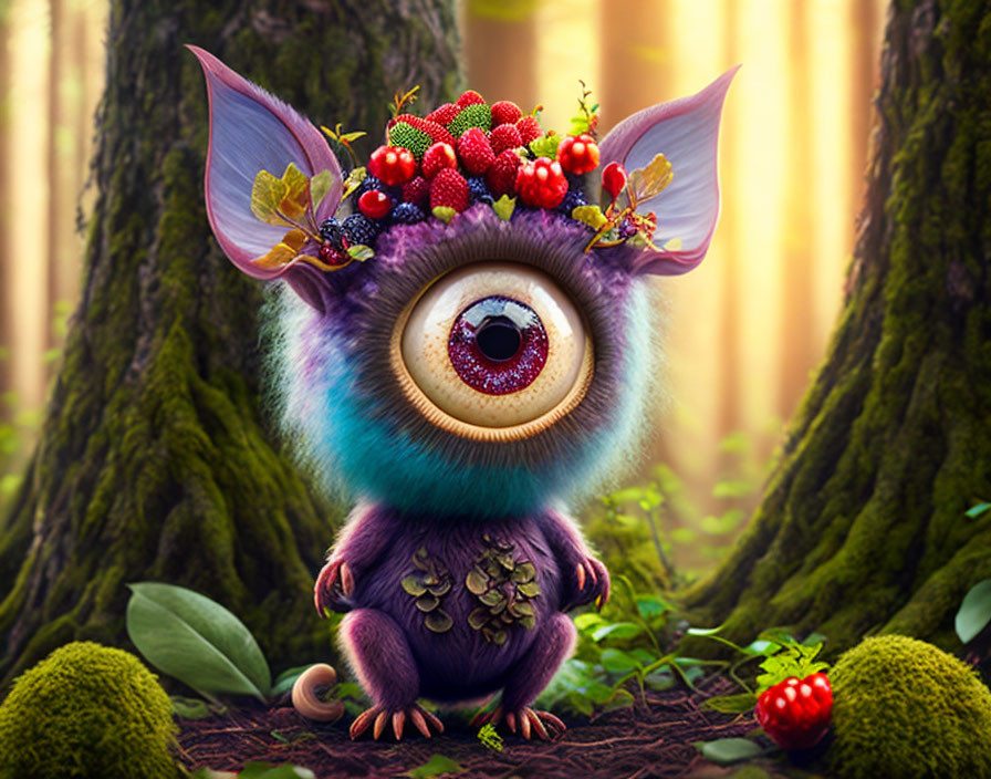 Purple-furred creature with large eye and berry wreath in forest clearing