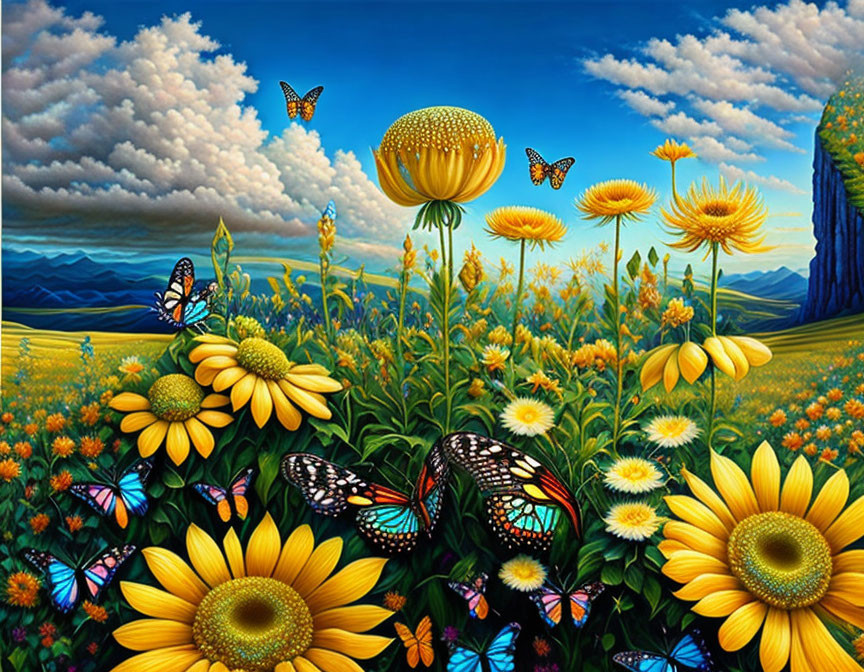 Colorful Sunflower Landscape with Butterflies and Trees