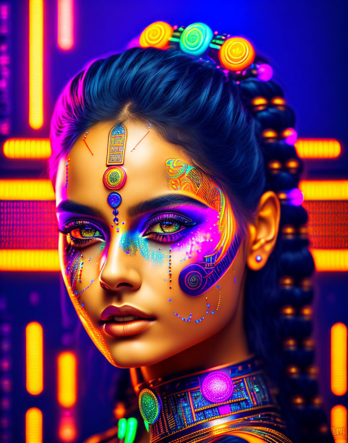 Digital illustration of woman with neon face paint and cybernetic enhancements in futuristic setting