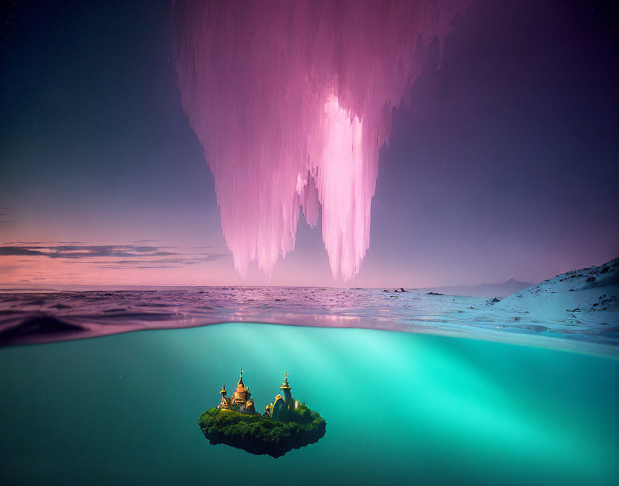 Surreal landscape with floating icy island above glowing sea